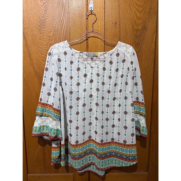 Figueroa & Flower 2X Sheer Boho Peasant Top Lace Trim Bell Sleeves - Picture 1 of 6